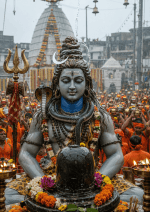Lord Shiva receiving Jalabhishek at Baidyanath Temple with Kanwariyas carrying Ganga water, flower decorations, monsoon rain, and divine lighting in 4K HD.