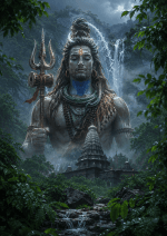 Lord Shiva emerging from divine mist near Bhimashankar Temple with lush green forests, waterfalls, glowing third eye, cobra, and monsoon scenery in 4K HD.