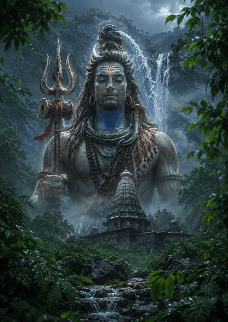 Lord Shiva emerging from divine mist near Bhimashankar Temple with lush green forests, waterfalls, glowing third eye, cobra, and monsoon scenery in 4K HD.