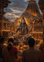 Lord Shiva blessing devotees before Grishneshwar Temple with ancient stone carvings, glowing diyas, flower garlands, Rudraksha, and a divine golden aura in 4K HD.