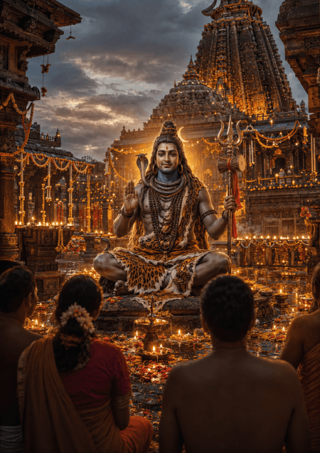 Lord Shiva blessing devotees before Grishneshwar Temple with ancient stone carvings, glowing diyas, flower garlands, Rudraksha, and a divine golden aura in 4K HD.