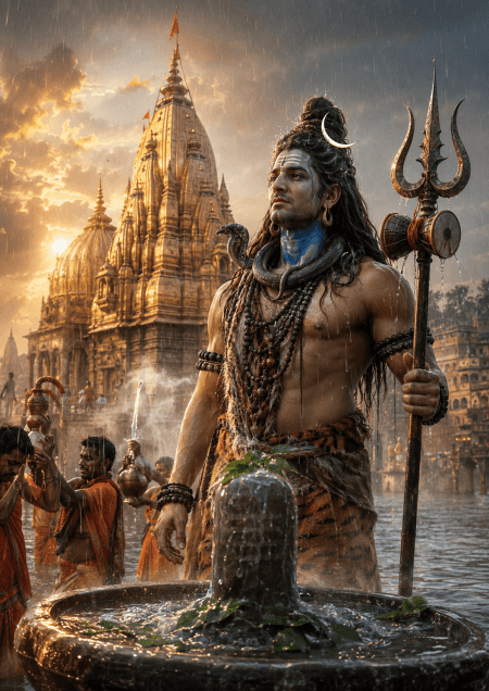 Ultra-realistic Lord Shiva standing before Kashi Vishwanath Temple with Varanasi Ghats, Jalabhishek, Kanwariyas, Trishul, Damru, and golden sunrise in 4K HD.