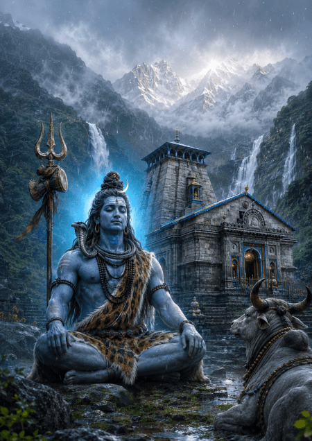 Ultra-realistic Lord Shiva seated before Kedarnath Temple with snow-covered Himalayan mountains, Nandi, waterfalls, monsoon mist, and divine blue aura in 4K HD.