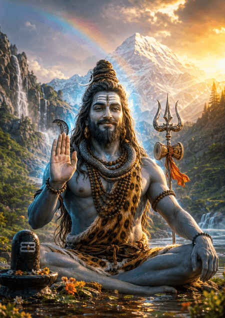 Ultra-realistic Lord Shiva blessing devotees with Abhaya Mudra, Mount Kailash, Trishul, Damru, rainbow, and divine blue aura in 4K HD.