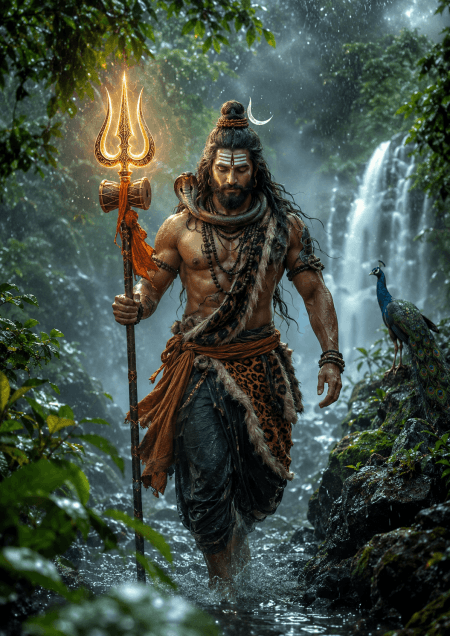 Ultra-realistic Lord Shiva walking through a lush green monsoon forest with Trishul, Rudraksha, waterfalls, and divine blue aura in 4K HD.