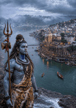 Ultra-realistic Lord Shiva standing beside Omkareshwar Temple on the Narmada River with glowing Trishul, Damru, monsoon clouds, and divine blue aura in 4K HD.