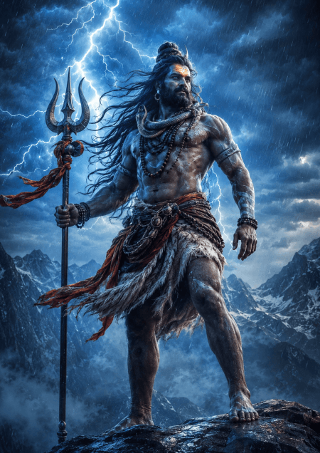 Ultra-realistic Rudra form of Lord Shiva with glowing third eye, Trishul, lightning, thunderstorm, and divine energy in 4K HD.