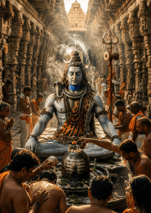 Lord Shiva inside Ramanathaswamy Temple with carved stone corridors, Trishul, Damru, incense smoke, sacred water rituals, and divine blue aura in 4K HD.