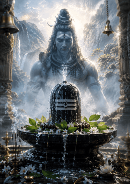 Realistic Shiva Lingam 4K HD wallpaper with continuous Jalabhishek, Bel Patra, white flowers, Rudraksha, and Lord Shiva's divine manifestation.