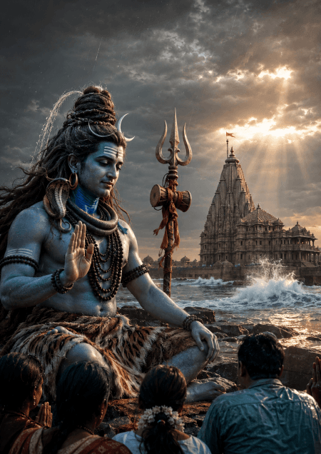 Ultra-realistic Lord Shiva blessing devotees before Somnath Temple with Arabian Sea waves, glowing Trishul, monsoon clouds, and divine sunlight in 4K HD.