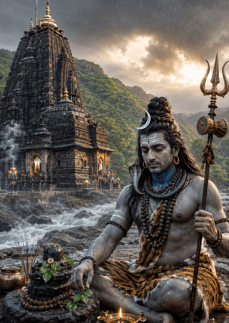 Ultra-realistic Lord Shiva near Trimbakeshwar Temple with the Godavari River, Sahyadri mountains, Bel Patra, Rudraksha garlands, and golden monsoon light in 4K HD.