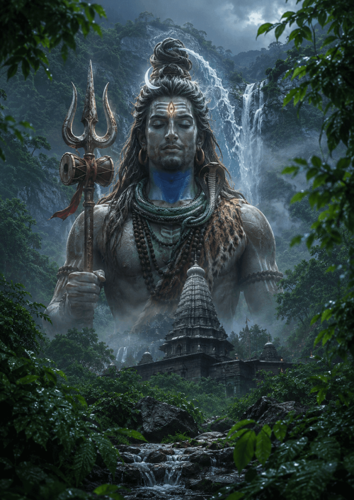 Lord Shiva emerging from divine mist near Bhimashankar Temple with lush green forests, waterfalls, glowing third eye, cobra, and monsoon scenery in 4K HD.