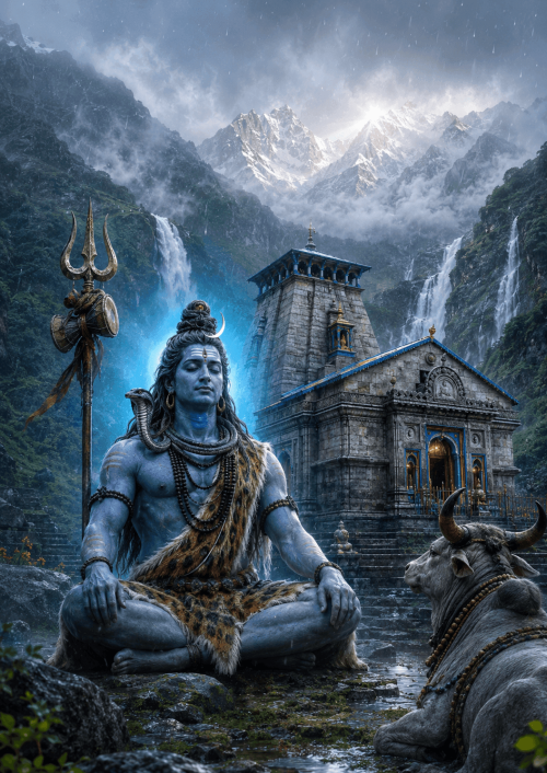 Ultra-realistic Lord Shiva seated before Kedarnath Temple with snow-covered Himalayan mountains, Nandi, waterfalls, monsoon mist, and divine blue aura in 4K HD.