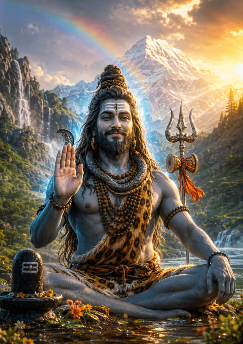 Ultra-realistic Lord Shiva blessing devotees with Abhaya Mudra, Mount Kailash, Trishul, Damru, rainbow, and divine blue aura in 4K HD.