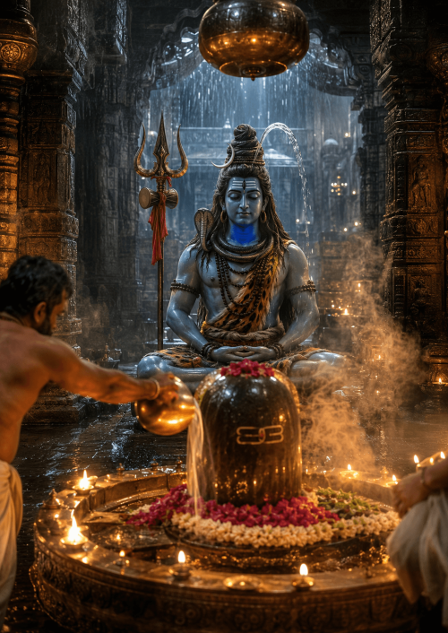 Ultra-realistic Lord Shiva meditating inside Mahakaleshwar Temple with glowing Jyotirlinga, Bhasma Aarti, incense smoke, oil lamps, and ancient temple architecture in 4K HD.