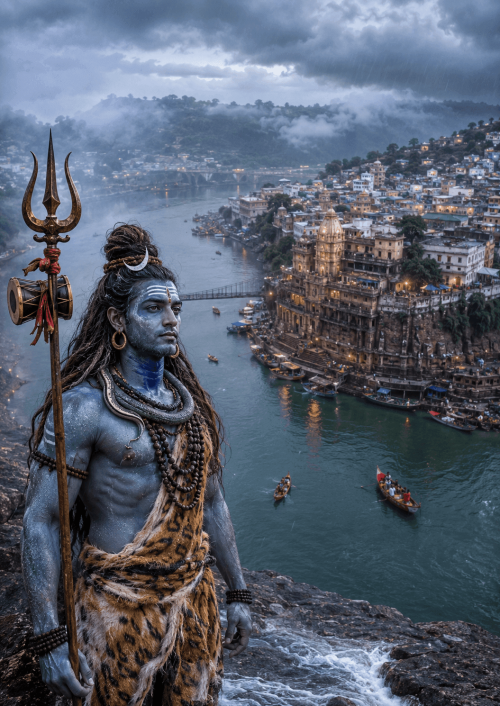 Ultra-realistic Lord Shiva standing beside Omkareshwar Temple on the Narmada River with glowing Trishul, Damru, monsoon clouds, and divine blue aura in 4K HD.