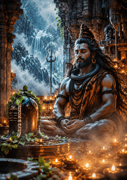 Lord Shiva 4K HD wallpaper inside an ancient Himalayan temple during Sawan with Shiva Lingam, Bel Patra, glowing diyas, and divine golden lighting.