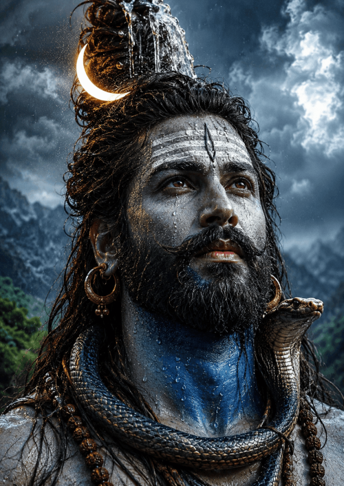 Ultra-realistic Lord Shiva 4K HD portrait with River Ganga flowing from his matted hair, Neelkanth, crescent moon, and divine blue aura.